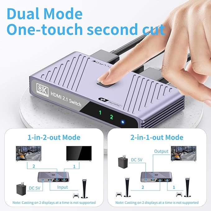 Video Selector Boxes， 8K@60Hz Splitter, bi-Directional 8K HD switcher 2 in 1 Out, Support 3D, HDR, Compatible with laptops, PC, Xbox Series, projectors, TV Monitors DSLR Cameras,