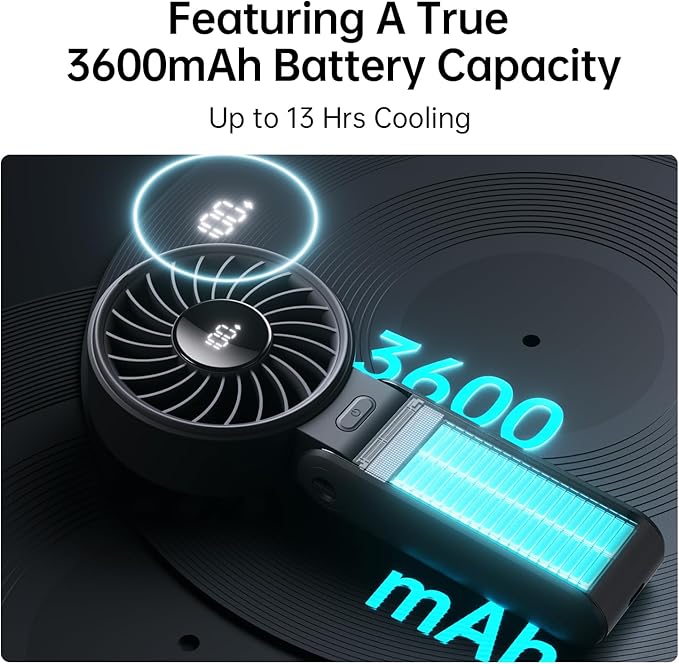 JISULIFE Handheld Fan Life7 – Ultimate Flexibility: High-Power Motor, LED Display, 13 Hrs Cooling, 3600mAh Rechargeable, 5-Speed, Foldable Design, 3-IN-1 Portable Fan for Travel Cruise Beach(Black)