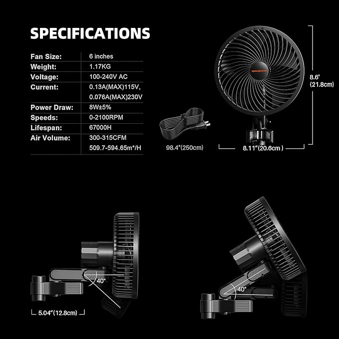 Spider Farmer New Grow Tent Clip Fan 6", EC Motor, Custom 10 Dynamic Wind Speeds and 10-Level Oscillation, Weatherproof IP-54, Powerful Airflow but Quiet for Hydroponics Circulation Cooling