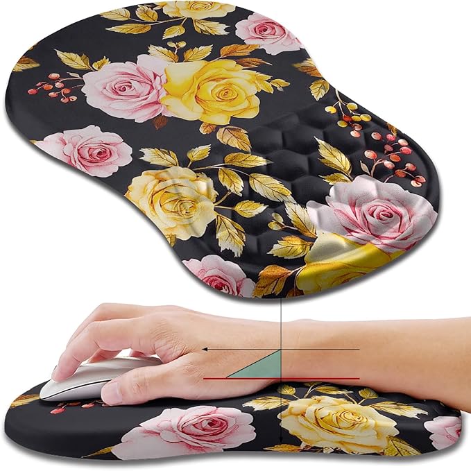Hokafenle Ergonomic Mouse Pad Wrist Support, Wrist Rest Mousepad for Carpal Tunnel Pain Relief with Integrated Memory Foam Slope Massage Bulge (11.8x7.9 inch,Golden Powder Flower