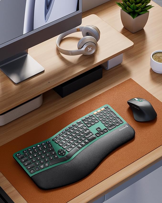ProtoArc Ergonomic Wireless Keyboard Mouse, EKM01 Plus Full Size Ergo Bluetooth Keyboard Mouse Combo, Split Design, Wrist Rest, Multi-Device, Rechargeable, for Windows/Mac OS - Green