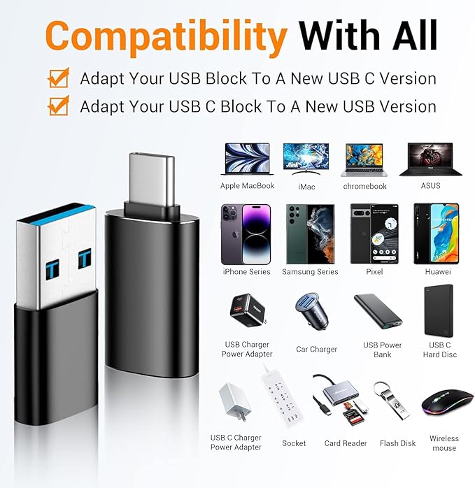 Temdan USB to USB C Adapter 𝟒𝐏𝐚𝐜𝐤,Car Charger OTG Converter Compatible with MacBook Pro Air 2024,Samsung Notebook and More Type C,for iPhone 16 15 14 13 Plus Pro Max,Serial Adapters,OTG Adapters
