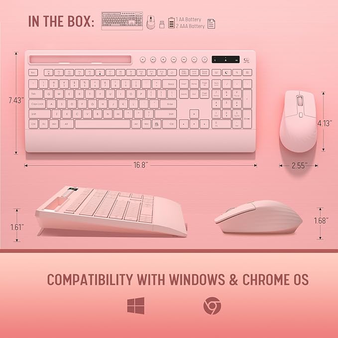 Pink Keyboard and Mouse Wireless, 2.4G Lag-Free Cute Keyboard Combo with Ergonomic Wrist Rest, Phone Holder & Batteries Included, Cordless Silent Key Board Set for Computer, PC, Windows - Trueque