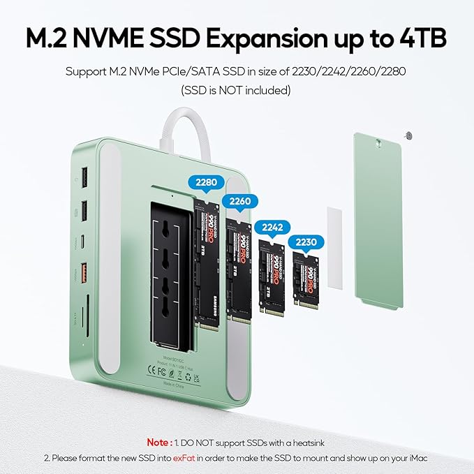 Upgraded 11 in 1 USB C Hub for iMac 24 inch USB Hub 2021 2023 2024 Support M.2 SSD (NOT Included), iMac Hub M1 M3 M4 Accessories, 4K HDMI, 2.5G Ethernet, 5 USB A/C Max 10Gbps, SD/TF - Green