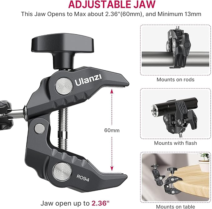 ULANZI Super Clamp Camera Clamp Mount Monitor 360° Ballhead Magic Arm Double Ball Head Adapter with 1/4"-20 & 3/8"-16 Thread for Canon Nikon DSLR Camera/Gopro/LED Lights/Ronin-M/Ronin MX/Freefly MOVI