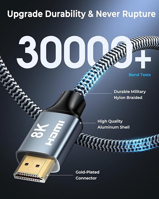 8K HDMI Cable 2 ft, 48Gbps High Speed HDMI 2.1 Cable, Braided HDMI Cable 2.1 8K 60Hz 4K 120Hz Support for HDR eARC HDCP 2.2/2.3, HDMI Cord Compatible with HDTV, Laptop, Monitor, PC