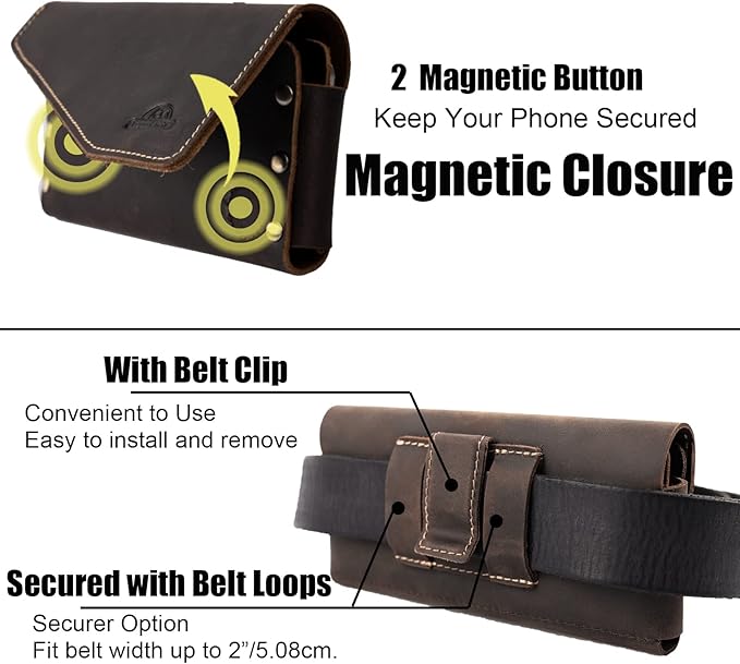 Topstache Leather Phone Holster with Belt Clip,S22 Ultra Belt Holder,iPhone 14 Pro Max Case for Belt,Leather Belt Pouch for Universal Smartphone with Otterbox Case,Flip Cellphone Pouch,XL,Darkbrown