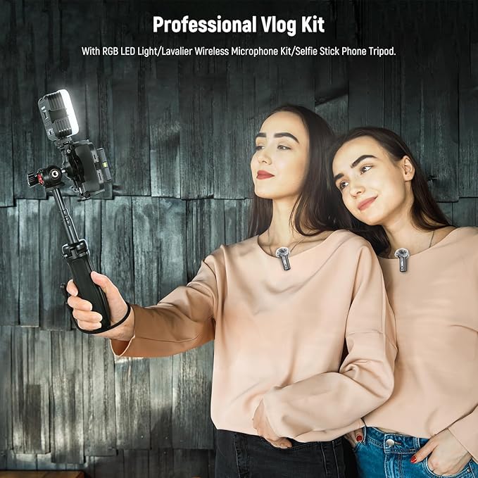 NEEWER Vlogging Kit for Phone with RGB LED Light/Lavalier Wireless Microphone System/Selfie Stick Phone Tripod, Content Creator Essentials for iPhone Android Podcast YouTube, PA048