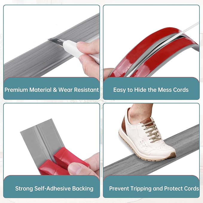 Floor Cord Cover Self Adhesive Cord Hider Floor Extension Cord Covers for Floor Power Cord Protector Cable Management Prevent Cable Trips Cable Cavity 0.32" W x 0.32" H (Light Grey Wood, 20Ft)