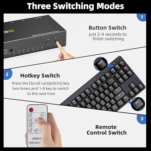 HDMI KVM Switch 1 Monitor 8 Computers 4K@30Hz, 8 Port HDMI KVM Switches for 8 Computers Share 1 Monitor Keyboard and Mouse, Support Hotkey Switch, Remote Control and 8 USB Cables Included
