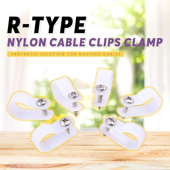 Swpeet 120 Pack White 5/8 Inch Nylon Plastic R-Type Cable Clips Clamp Kit, Nylon Screw Mounting Cord Fastener Clips with 120 Pack Screws for Wire Management (5/8 Inch, White)