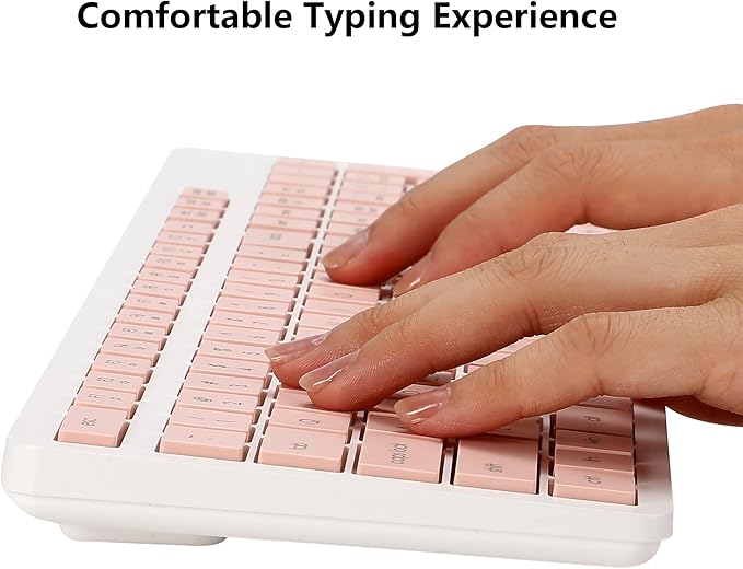 Wireless Keyboard and Mouse Combo, 2.4G Silent Cordless Keyboard Mouse Combo for Windows Chrome Laptop Computer PC Desktop, 106 Keys Full Size with Number Pad, 1600 DPI Optical Mouse (Pink)
