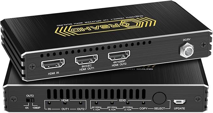 8K@60Hz 4K@120Hz HDMI 2.1 Splitter 1 in 2 Out,48 Gbps,HDCP 2.3,Supports VRR,ALLM,HDCP Bypass,EDID,Duplicate/Mirror/Copy,Downscale,HDR,Dolby Vision Atmos,Soundbar