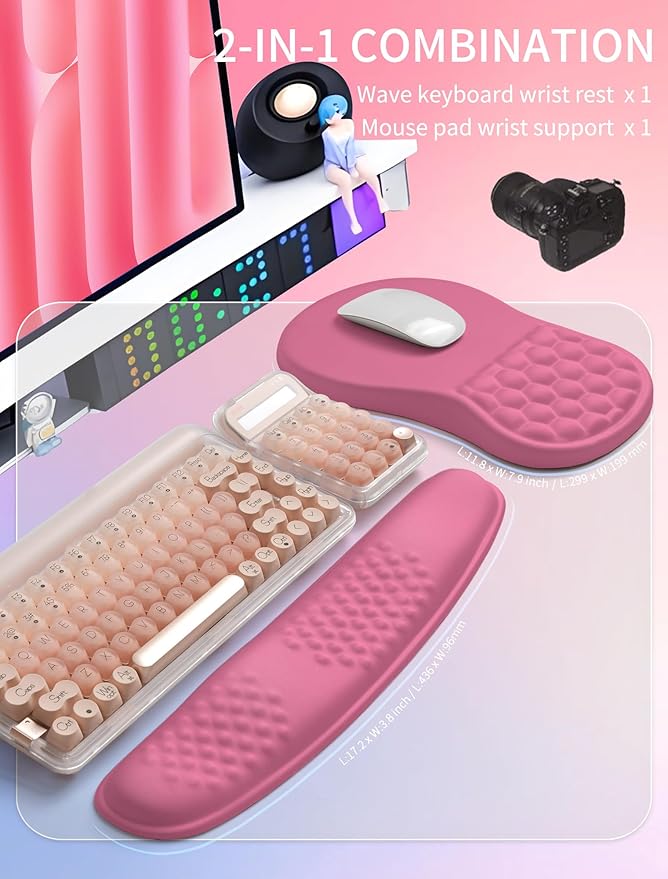 Hokafenle 2in1 Combination, Wave Keyboard Wrist Rest and Ergonomic Curvature Mouse Pad Wrist Support for Relieve Wrist Pain, Filled with Soft Cushion Memory Foam, Tough Guy Pink