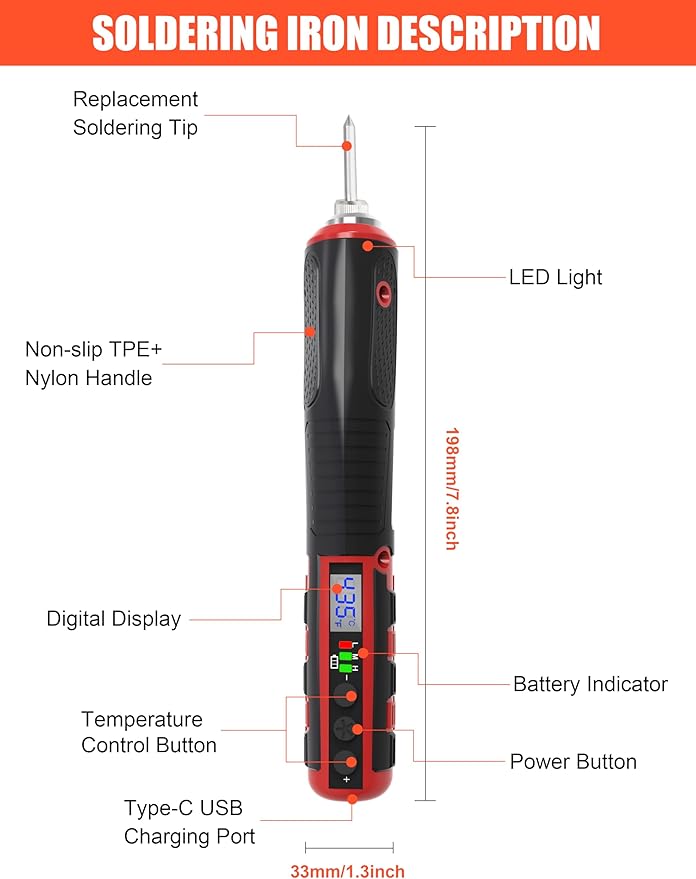 FrogBro Cordless Soldering Iron with Adjustable Cordless Temperature 392°F-842°F Type-C Fast Charging, LED Display, Portable Rechargeable Soldering Kit，Auto Sleep/Shut-Off & Safety Lock