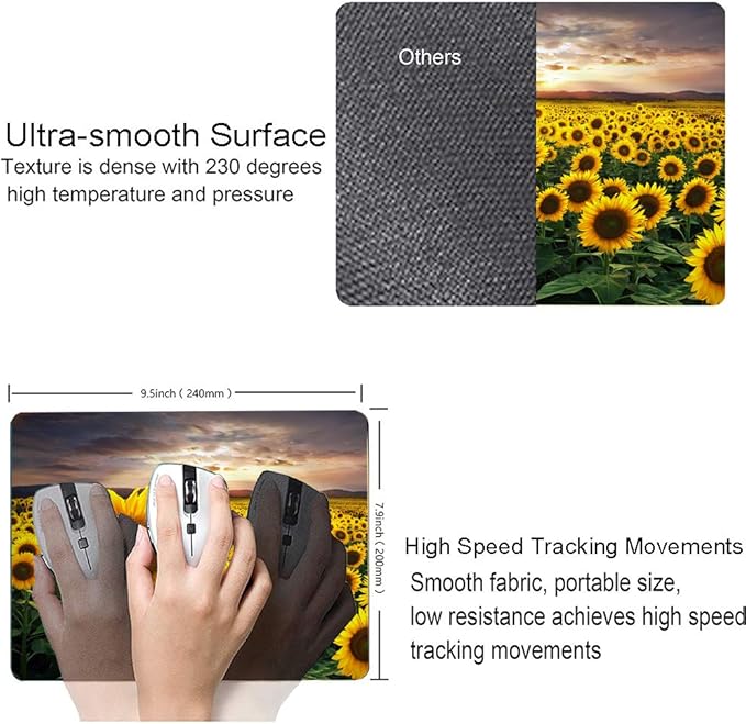 Sunflower Mouse Pad, Floral Square Mouse Pads Gift for Her, Mouse Mat Square Waterproof Mousepad Non-Slip Rubber MousePads for Office Laptop, 9.5"x7.9"x0.12" Inch