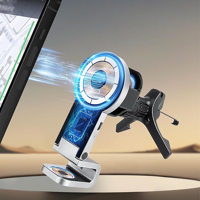 3 in 1 Wireless Car Charger, 15W Fast Charging Phone Holder Foldable Magnetic Mount Fit for All iPhone Android Phone, iWatch, Airpods Wireless Earphone