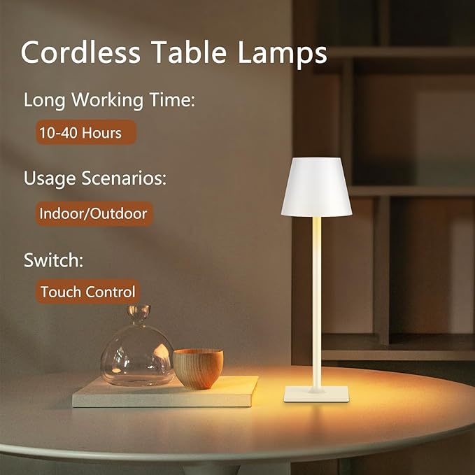 Cordless Table Lamp Rechargeable Lamps: 6000mAh Battery Operated Table Lamp Outdoor Waterproof, Touch Control, Portable Wireless Desk Lamp for Dinner/Bedroom/Restaurant （White2 Pack