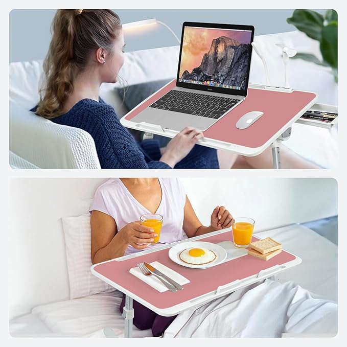Laptop Lap Desk Include Cooling Fan,Adjustable Lap Desk with Light Fan,Folding Laptop Desk for Bed with USB,Bed Desk with Storage Drawer 60x40cm,Pink