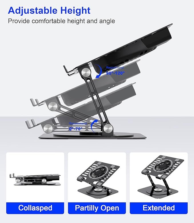 Laptop Stand,with 360°Rotating Base,External Cooling Fan,Adjustable RGB Lighting,Ergonomic Foldable Notebook Computer Holder.Compatible with All 10-17" Laptops Tablets,Black