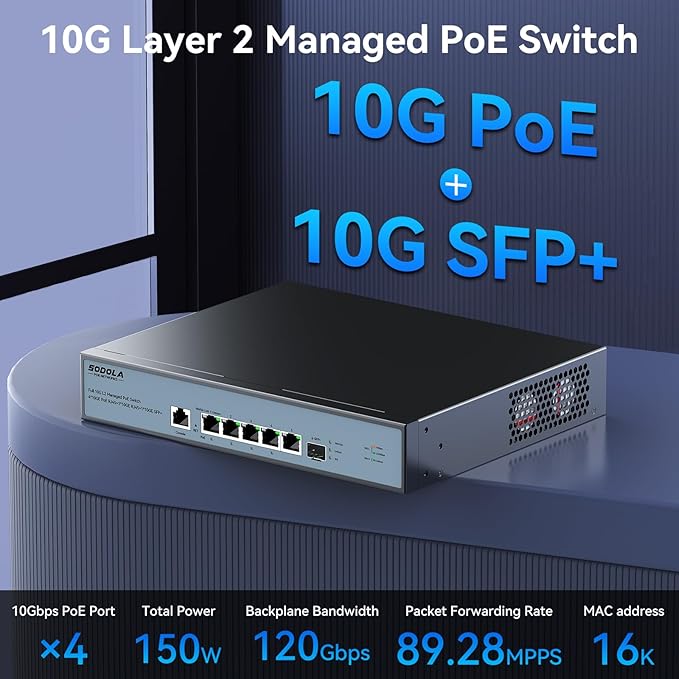 SODOLA 10Gb L2 Managed Switch, 5 x 10G RJ-45 Ports,1 x 10G SFP+ Port,Support LACP, VLAN, QoS, 10G/5G/2.5G/1000M/100M Auto-Negotiation, Multi-Gigabit Managed Ethernet Switch