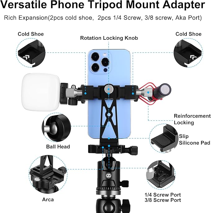 Peastrex Metal Phone Tripod Mount Extra Deep Clamp with Arca Port Cold Shoe 360°Ball Head Cellphone Tripod Adapter for iPhone Galaxy Smartphone Stand Holder for Vlogging Video Camera Monitor