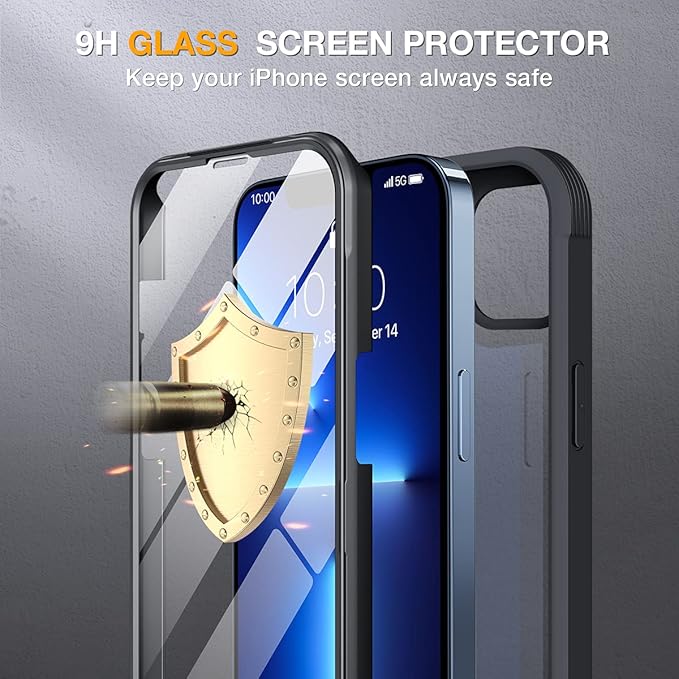 Miracase Glass Case for iPhone 13 Pro Max 6.7 inch, Upgrade Full-Body Clear Phone Bumper Case Cover with Built-in 9H Tempered Glass Screen Protector, Black
