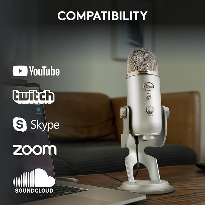 Blue Microphones Yeti Silver USB Mic for Recording, Streaming & Gaming on PC and Mac with Blue Voce Effects 4 Pickup Patterns, Headphone Output, Volume Control, Mic Gain Control, & Adjustable Stand
