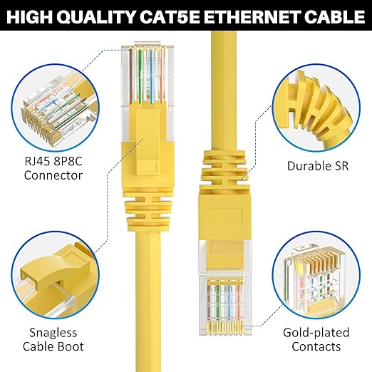 Cat5e Ethernet Cable 125 FT, Long Cat 5e Internet Cable, Yellow Snagless Patch Cord, Flexible, Network, LAN, PoE, Standard RJ45 Connector for PC, Server, Router, Modem, TV, PS5 - with 15 Cable Ties