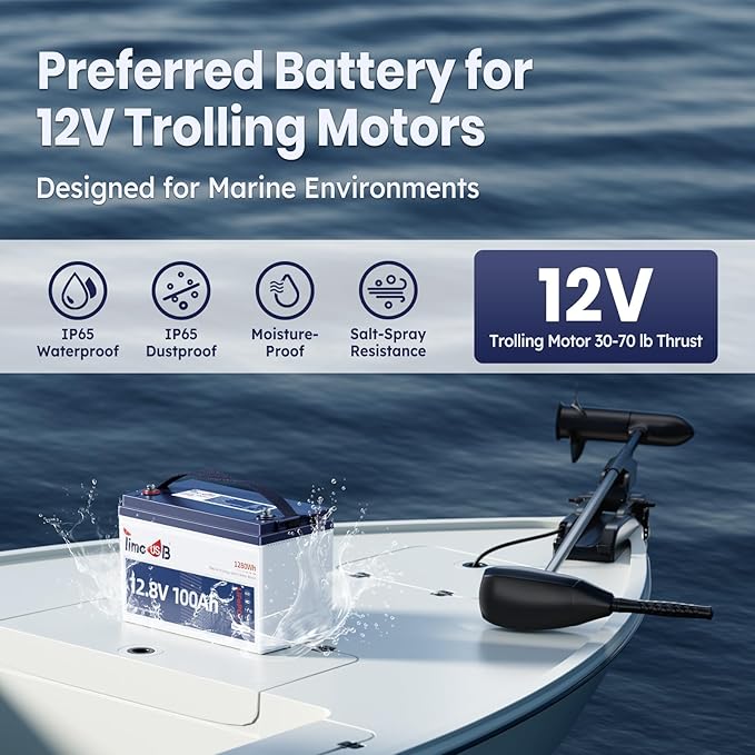 12.8V 100Ah TM LiFePO4 Battery with Low-temp Protection, Timeusb Group 31 Lithium Battery, Up to 15000 Deep Cycles Battery for Trolling Motor, RV, Solar, Travel Trailer, Energy Storage- Off Grid