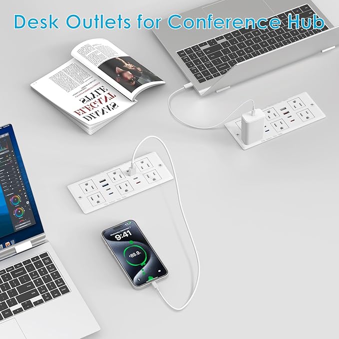30W Recessed Power Strip USB C, Desk Flush Mount Outlet Plug in 6 AC & 8 USB Ports for Furniture Conference Power Hub, 6FT