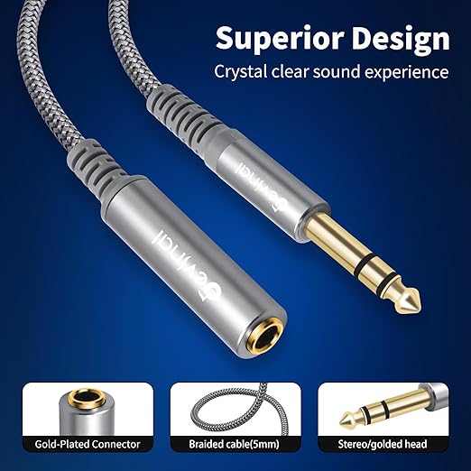 Devinal 1/4 inch Headphone Extension Cable, 6.35mm TRS Male to Female Stereo Cord, Quarter Inch Guitar Cable Extender, 20ft (6 Meters)