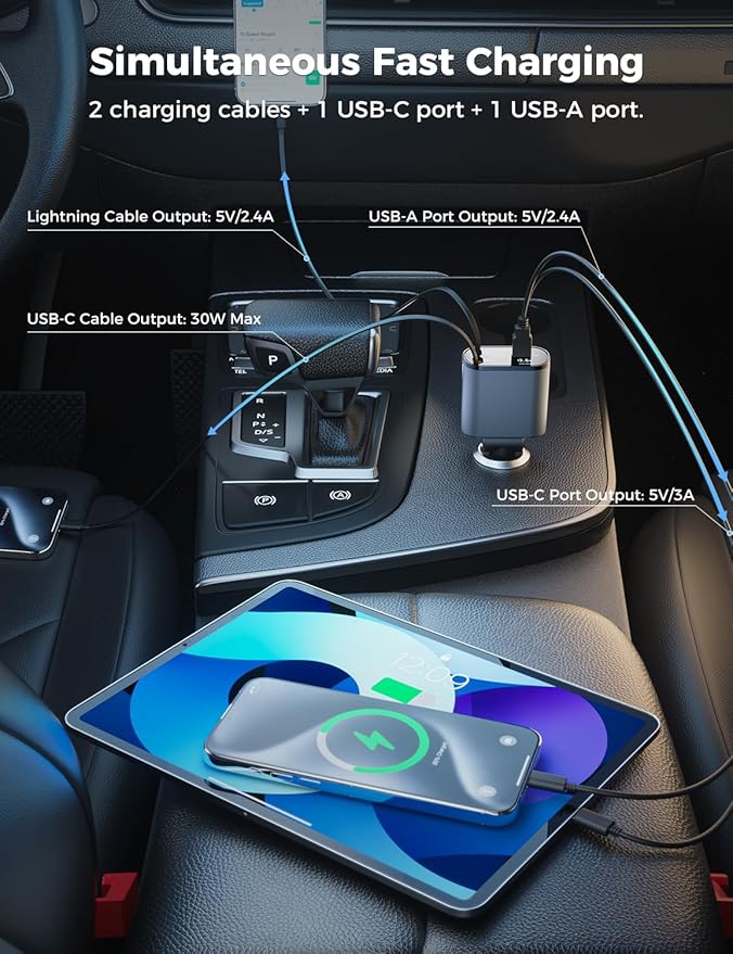 【Upgraded】 SUPERONE Retractable Car Charger 4 in 1, Fast Car Phone Charger with Cord 2.6ft, USB C and Apple Car Charger Adapter, Compatible with iPhone 16 15/15 Pro Max/14/13/12/11, Galaxy, Pixel