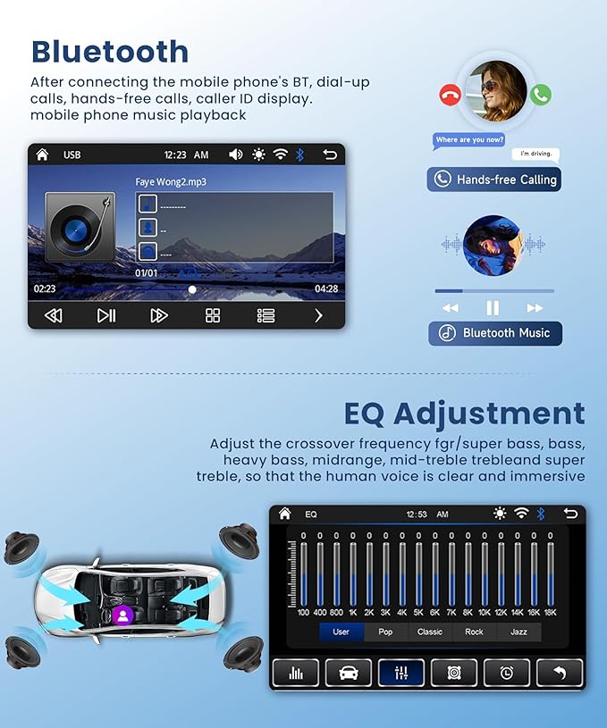 2 DIN Car Stereo Wireless Carplay&Android Auto, USB-C Head Unit 7” Touch Screen Car Radio Volume Knob Bluetooth EQ FM Mirror Link Double USB-A TF +Rearview Camera