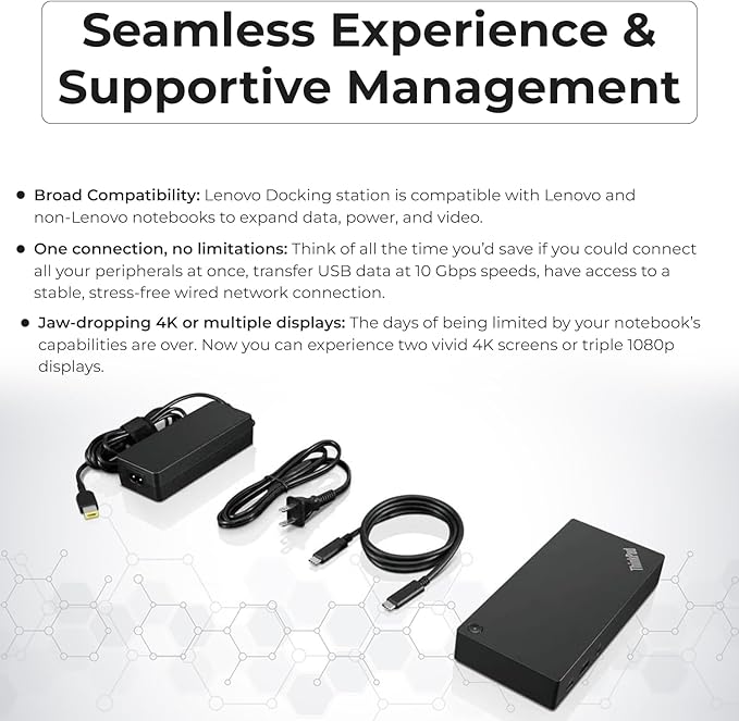 Lenovo 40AS0090USThinkpad Docking Station - Supports 4K Display, 1 Year Warranty, USB C Gen 2 Dock with 90W Adapter + 4K HDMI Cable + USB-C Cable + 4K DisplayPort Cable + Microfiber Cloth (Renewed)