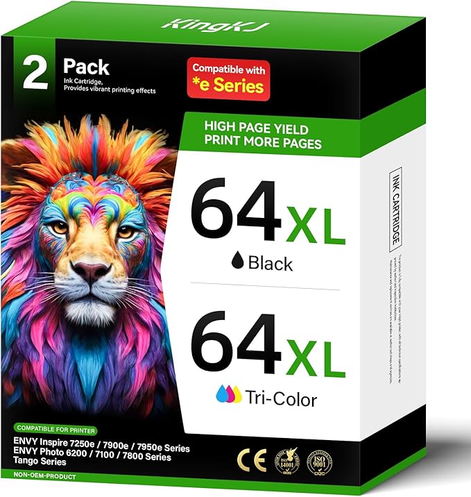 64XL Ink Cartridge Black/Color Combo Pack Replacement for HP Ink 64 XL for Envy Inspire 7900e 7255e 7955e 7958e 7200e Photo 6200 7855 7858 7800 7100 7155 7120 6252 6255 7158 7164 Tango Series Printer
