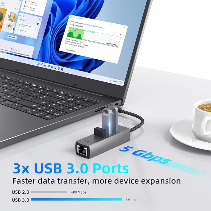 USB-C to Ethernet Adapter, WALNEW USBC to RJ45 LAN Adapter, Gigabit Cat Network Cable Converter to Type C Thunderbolt 3 for Mac,MacBook Pro/Air,Samsung Galaxy Tab (Ehternet+USB-A Port, USB-A)