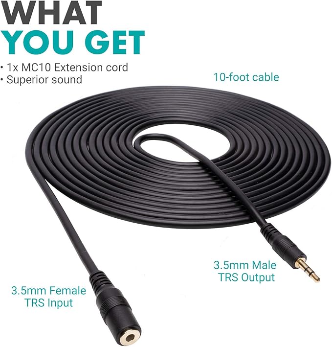 Movo MC10 3.5mm Audio Cable - 3.5mm TRS Female to Male 10ft Extension Cord for Microphones, Headphones, and More