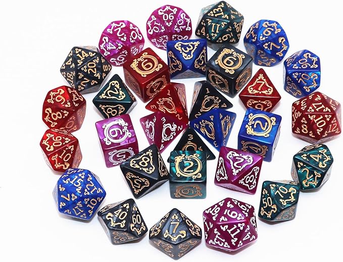 Polyhedral DND Dice Set, 5 Pack Vintage Dragon-Patterned Dice Sets Compatible with Dungeons and Dragons D&D RPG Games,35 Pieces (5 Colors with Black)