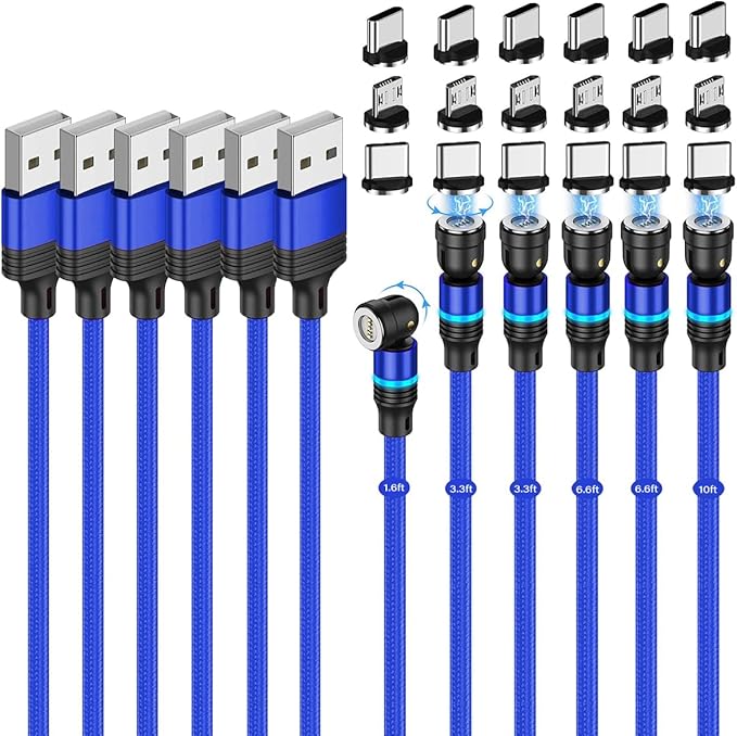 Magnetic Charging Cable (6-Pack,1.6+3.3+3.3+6.6+6.6+10ft) 540° Rotation 3A Fast Charging Data Sync 3 in 1 Magnetic Phone Charger Cable with LED Light Compatible with Micro USB Type C Phone Device