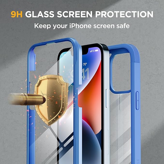 Miracase Glass Series for iPhone 14 Case 6.1 inch, [Built-in Tempered Glass Screen Protector] [Bubble Free] Full-Body Protective Bumper Phone Case with Camera Lens Protector, Blue