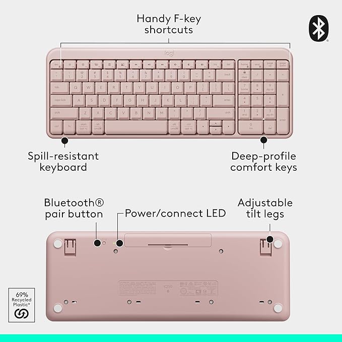 Logitech MK250 Bluetooth Wireless Mouse and Keyboard Combo: Fast & Easy Connectivity, Compact Wireless Keyboard, Ambidextrous Mouse, Durable Build - Windows/MacOS - Rose