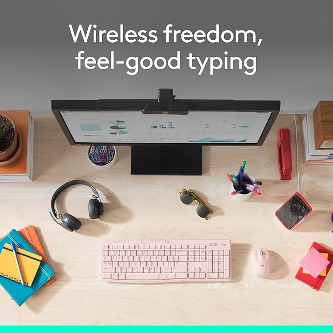 Logitech MK270 Wireless Keyboard and Mouse Combo for Windows, 2.4 GHz, 8 Multimedia Keys, PC, Laptop, Wireless Keyboard Compact Mouse Combo - Rose