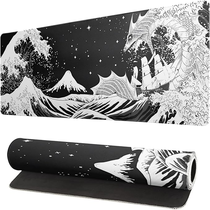 Black and White Japanese Wave Dragon Gaming Mouse Pad - Abstract Mat with Non-Slip Rubber Base, 31.5x11.8 Inch, Stitched Edges - Desk Pad for Office and Home
