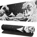 Black and White Japanese Wave Dragon Gaming Mouse Pad - Abstract Mat with Non-Slip Rubber Base, 31.5x11.8 Inch, Stitched Edges - Desk Pad for Office and Home