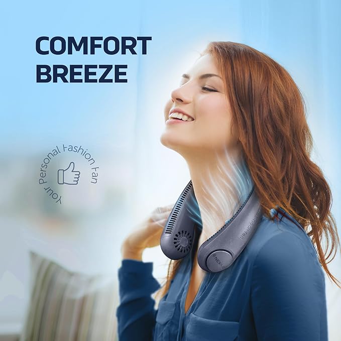 Portable Neck Fan - 3 Speed Rechargeable Bladeless Neck Fan, Adjustable Personal Black Neck Fan For Women & Men Modern Design, Great Cooling Fan For Travel, Indoor, Outdoors & Sports (Blue)