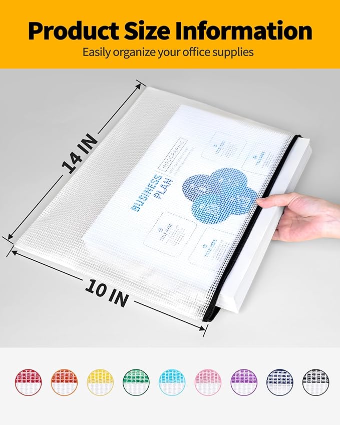 SUNEE Plastic Mesh Zipper Pouch 10x14 in (9 Colors, 18 Packs),Extra Large Water-Resistant Zip Bag for School Office Supplies, Puzzles & Games Organizing Storage