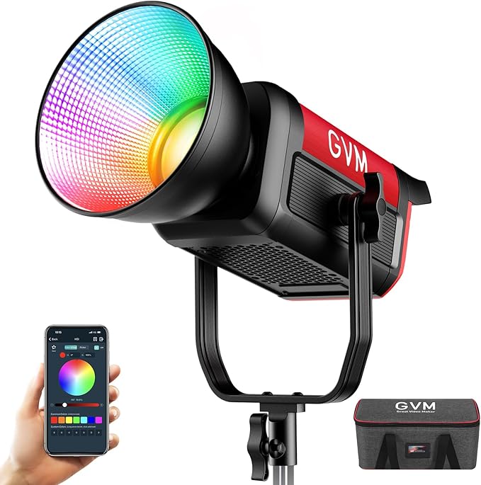 GVM 300C RGB Video Light, 300W Studio Light 2000K-10000K,48,200 Lux@ 1m with Reflector Photography Lighting with Bowens Mount & DMX Control, Studio Light for Film Recording,16 Lighting Effects