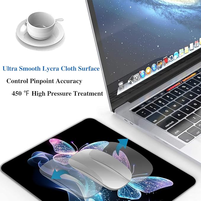 Blue Glitter Butterfly Mouse Pads for Desk, Portable Wireless Computer Mouse pad Small Design with Women, Non-Slip Rubber Base Laptop Mousepad 9.5" x 7.9" Smooth Surface for Office & Travel