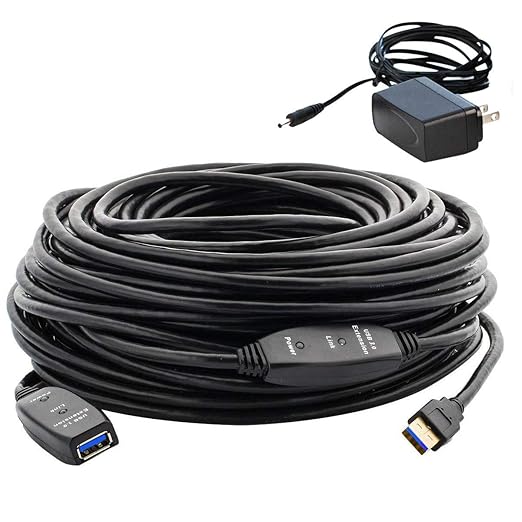 50 Feet Active USB Extension Cable 3.0 Male to Female with 2 Extension chipsets Signal Booster - Active Extension/Repeater Cord 15 Meters / 50 Feet (AC Power Supply Included)